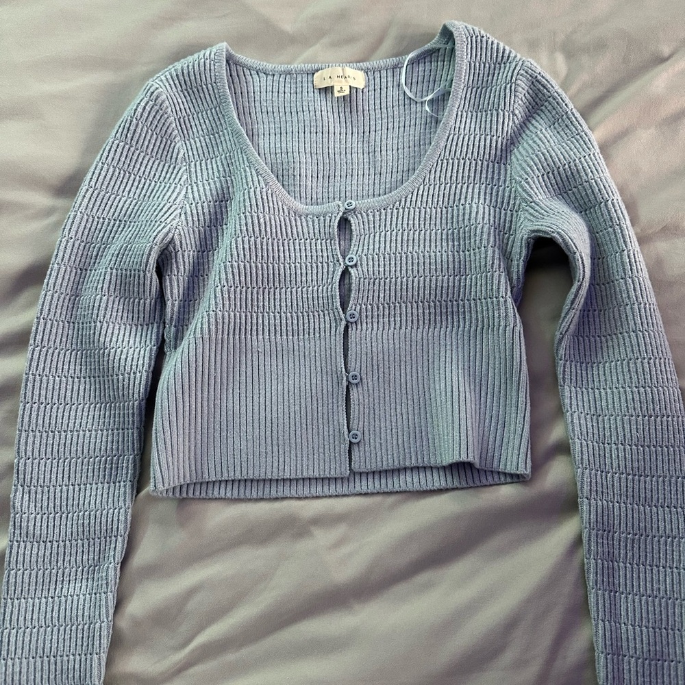 Blue Ribbed Knit Button-Up Top